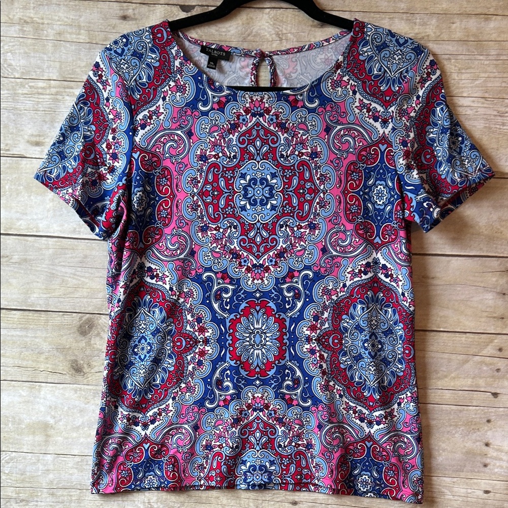 Talbots Pink and Blue Paisley Crewneck Short Sleeve Top